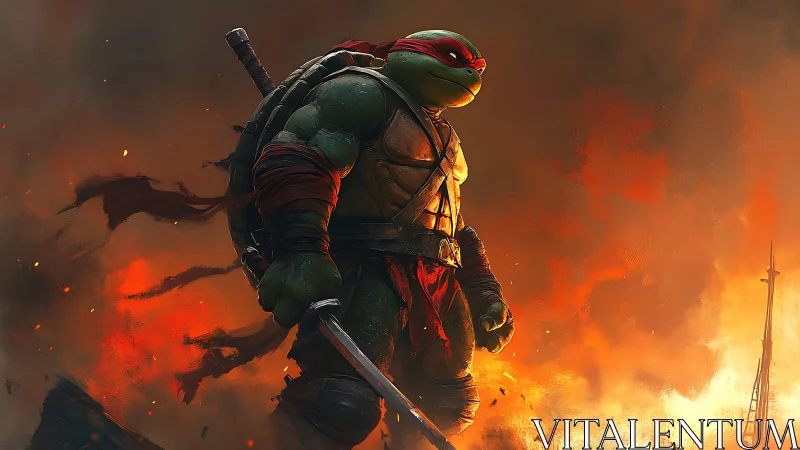 Dynamic digital painting of armored turtle warrior in flames.