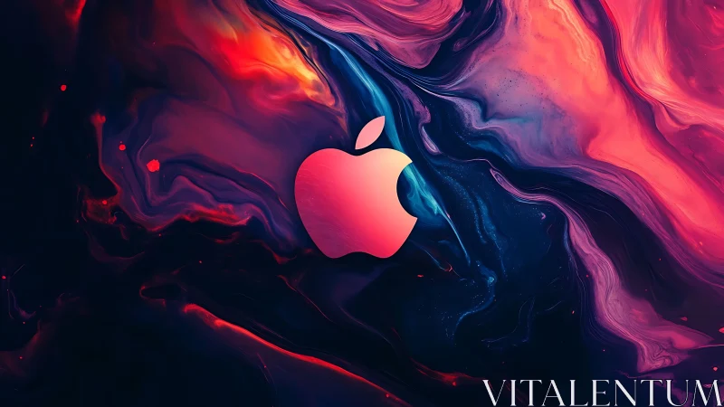Glowing pink apple logo floats in neon liquid nebula.