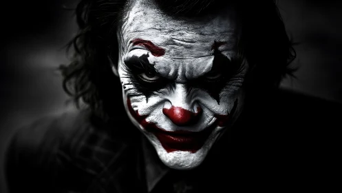 Darkly lit clown&rsquo;s painted face leans in with intense focus