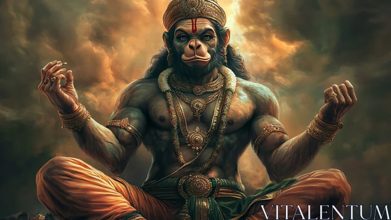 Divine warrior monkey deity in meditative golden aura.