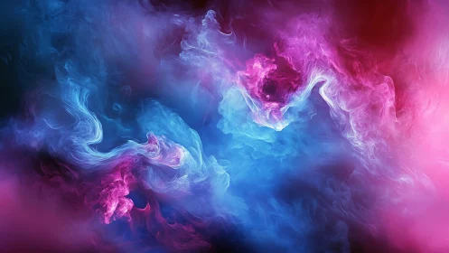 Vibrant pink and blue digital smoke curls across frame
