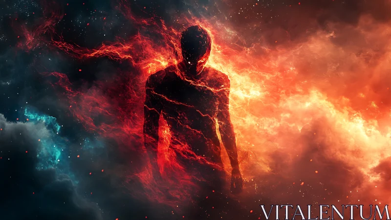 Celestial fire silhouette emerging through cosmic storm.