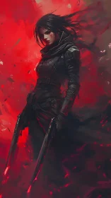 Bloodlit rogue warrior poised in swirling crimson storm.