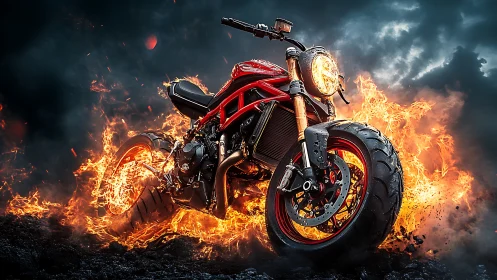 Flaming red sport motorcycle charging through firestorm.