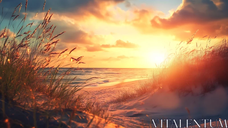 Sunset light over sandy beach dunes and coastal grass.
