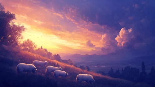 Sheep graze under blazing violet and gold sunset sky.