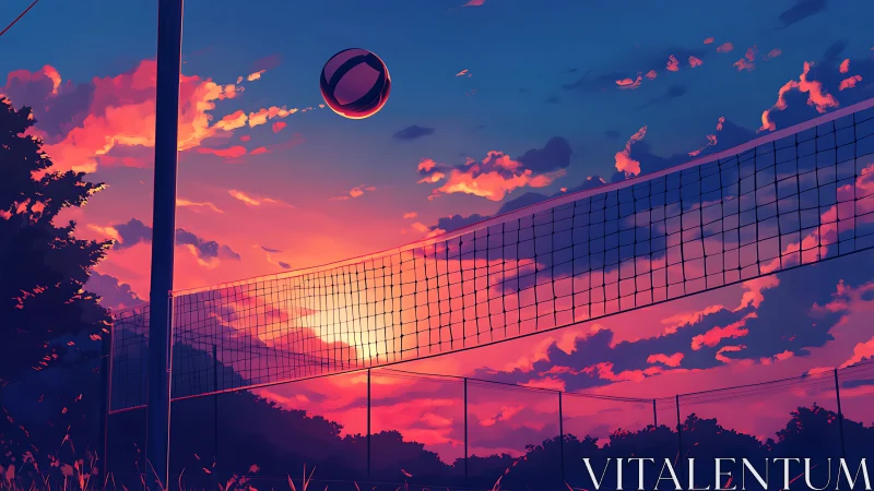 Sunset volleyball court glowing in soft evening sky.