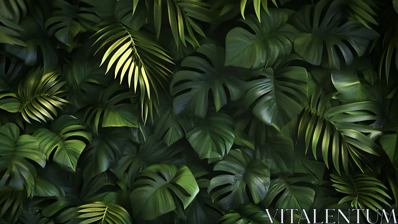 Dense tropical foliage pattern with layered green leaves.