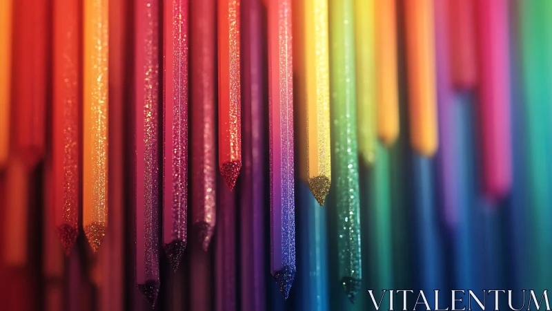 Close view of vertical multicolored glitter pencils arrangement.