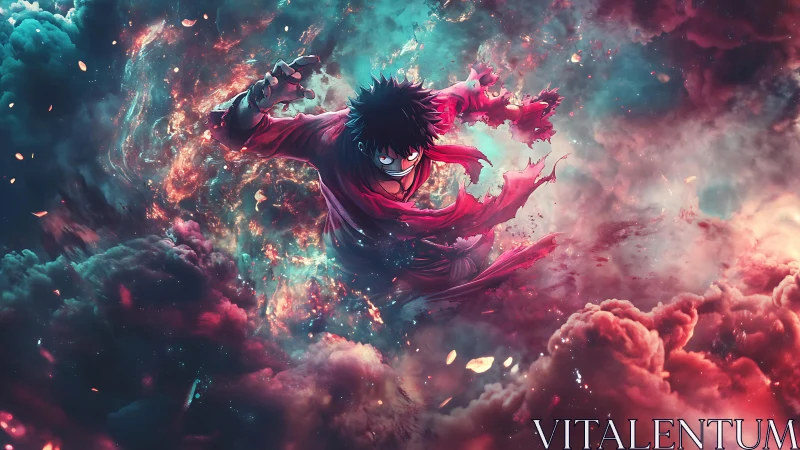 Central anime figure moves through turbulent luminous clouds