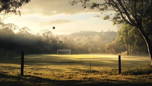 Backlit rural soccer field with atmospheric morning haze gradients