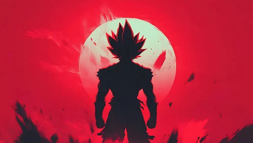 Lone spiky warrior eclipsed by a furious crimson moon.