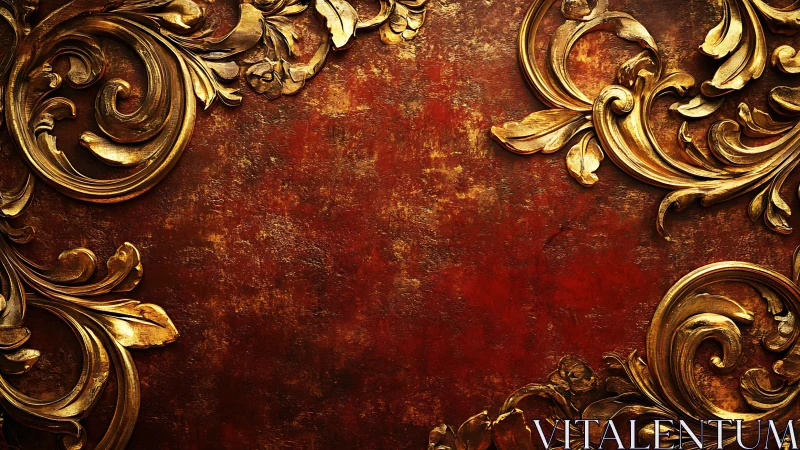 Ornate gold baroque scrollwork on textured red background.