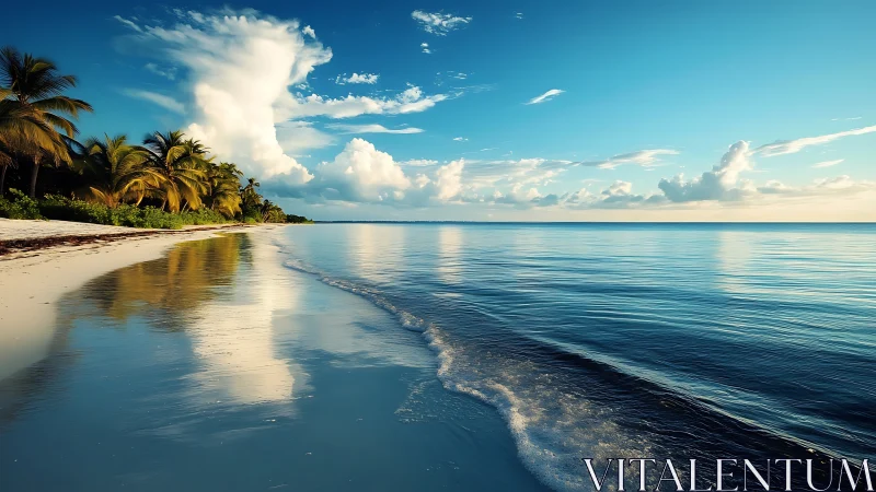 Tropical shoreline at calm sunset rendered in photoreal detail