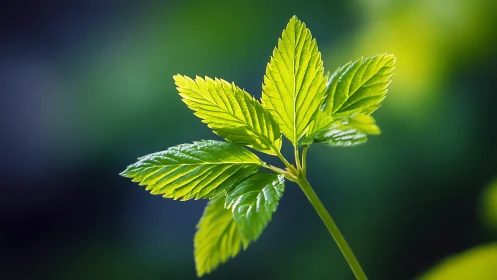 Sunlit leaf cluster stretching into a blurred forest hush.