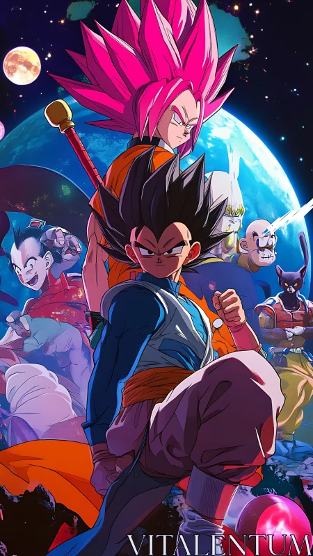 Layered anime battle composition uses saturated lighting and cosmic backdrop