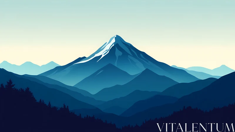 Minimalist alpine peak with layered blue mountain ranges.