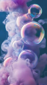 Iridescent soap bubbles ascending through pastel vapor plumes.