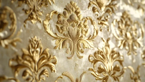 Ornate Gold Damask Pattern on Luxurious Fabric, Baroque Style.