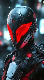 Armored cybernetic operative stands in neon haze, visor ablaze