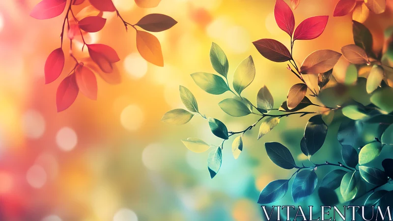 Colorful leaf branches arc across soft bokeh background