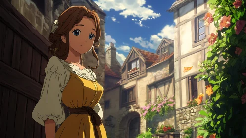 Sunlit anime village alley with floral masonry and figure.