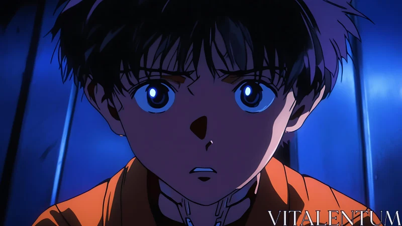 Central close-up shows anime boy under strong blue lighting