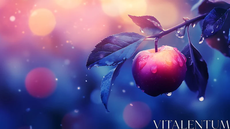 Glowing dewy apple drifting in dreamy twilight colors.