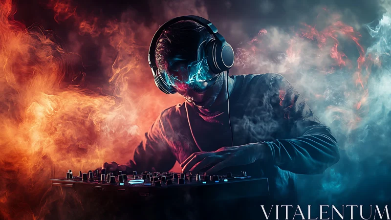 Smoke-born DJ bends neon fire and frost into pulsing sound.