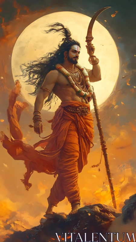 Mythic warrior silhouette strides before oversized lunar backlight