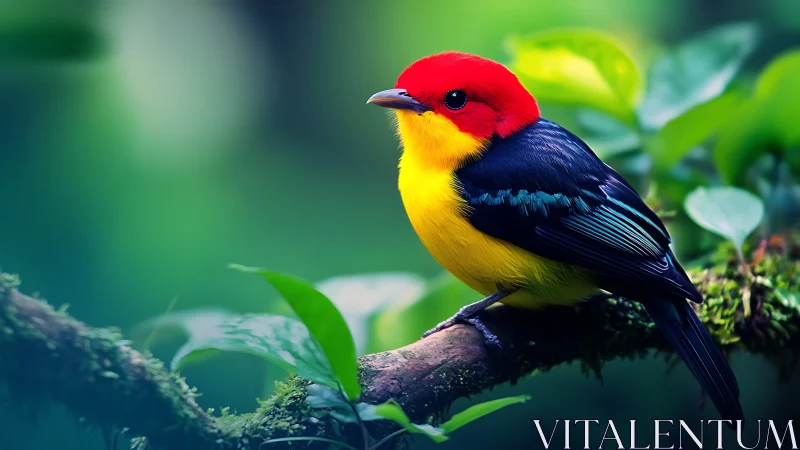 Vibrant red-headed tropical bird on branch in lush green forest.
