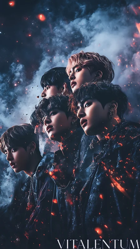 Digital painting of heroic group portrait in ember storm.