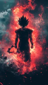 Volcanic aura warrior in high-contrast anime silhouette.