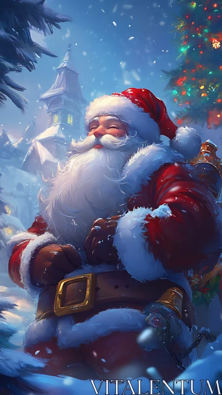 Santa Claus stands in snowy village with glowing tree