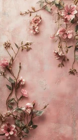 Pink flowers arranged on textured rose wall surface
