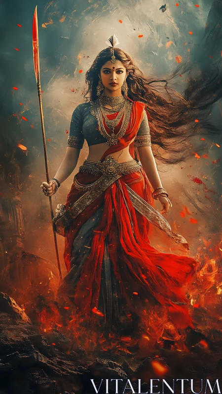 Female warrior in red sari with spear amid fire and smoke.