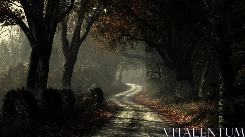 Shaded country lane curving through dense autumn woods.