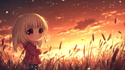 Anime child figure in tall grass at orange sunset sky.