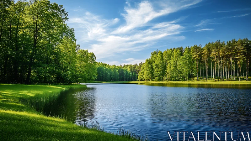 Forest lake shoreline lies under clear sky with clouds