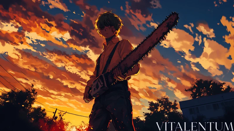 Silhouetted youth grips chainsaw under blazing sunset sky