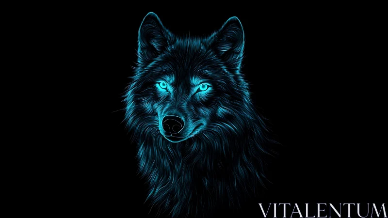 Bioluminescent cyan wolf portrait with neon edge lighting on black