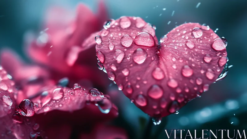 Macro photography of magenta flower petals with crystalline water droplets under teal ambient lighti