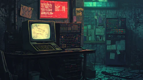 Retro command center glows inside a moody cyberpunk hideout
