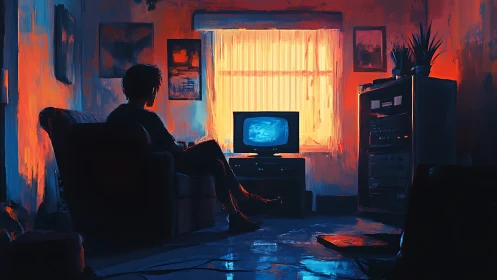 Silhouetted figure watches static television in dim interior