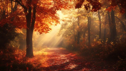 Autumn Forest Path Illuminated by Golden Sunlight.