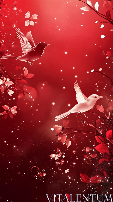 Dancing Birds Among Luminous Flowers on Crimson Background.