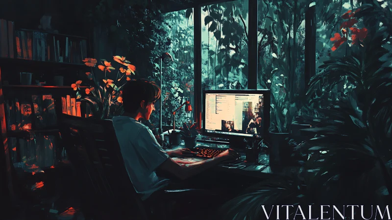 Cozy night workspace glowing gently in a lush green haven.
