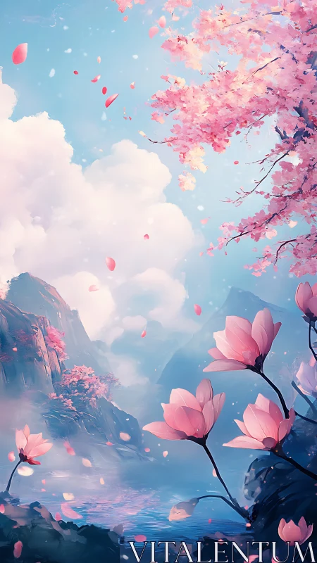 Cherry blossoms drift above misty lake and distant peaks