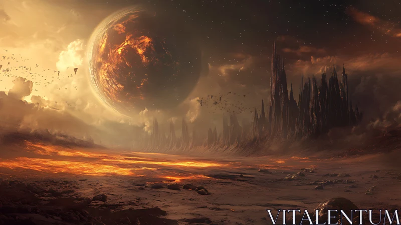 Fiery alien planet over volcanic wasteland horizon.