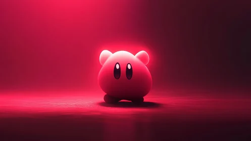 Round pink character under central red spotlight on floor.